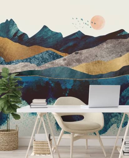 Marineblau und Gold Textur-Effekt Mountain View Tapete