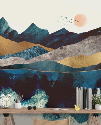 navy blue and gold texture-effect mountain view wallpaper