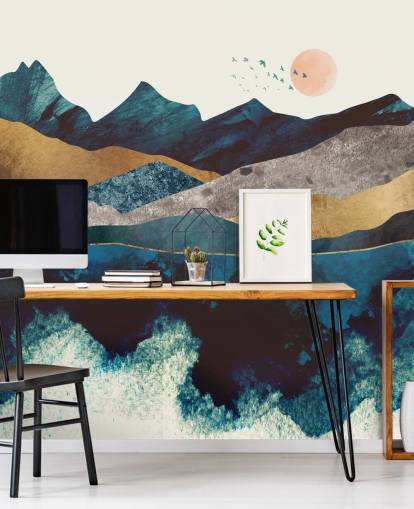 navy blue and gold texture-effect mountain view wallpaper