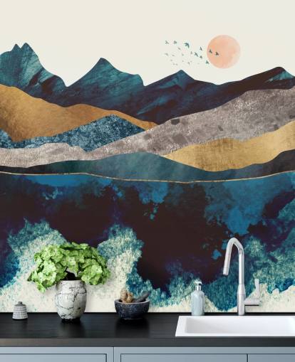 marinblå och guld textur-effekt bergsutsikt tapet