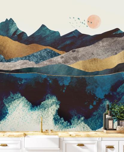 tummansininen ja kulta kuvio-vaikutus vuoristonäkymä tapetti