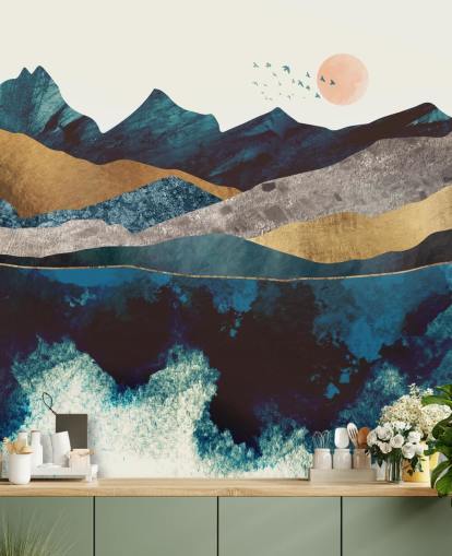 navy blue and gold texture-effect mountain view wallpaper