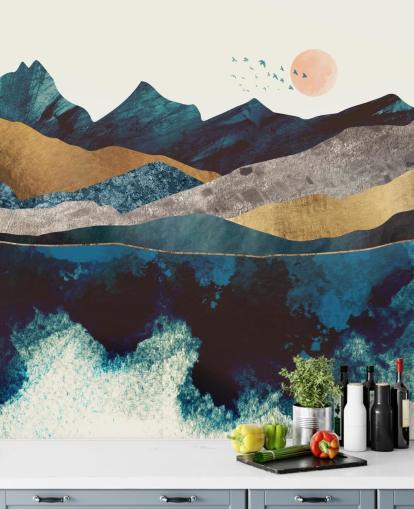 navy blue and gold texture-effect mountain view wallpaper