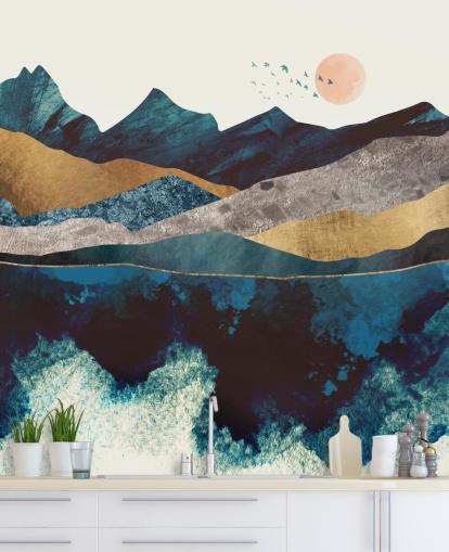 papel pintado con textura azul marino y dorado con vistas a la montaña