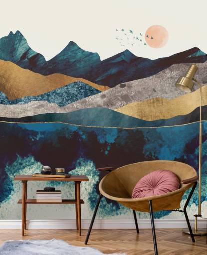 Marineblau und Gold Textur-Effekt Mountain View Tapete