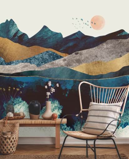 papel pintado con textura azul marino y dorado con vistas a la montaña