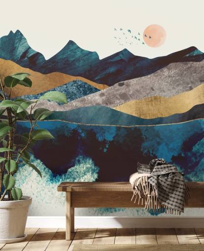 Marineblau und Gold Textur-Effekt Mountain View Tapete