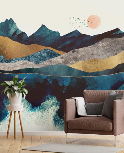 Papel de parede com vista para a montanha com efeito de textura azul marinho e dourado