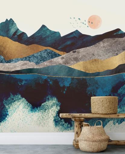 carta da parati vista montagna effetto texture blu navy e oro