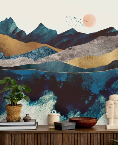 carta da parati vista montagna effetto texture blu navy e oro