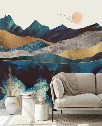 carta da parati vista montagna effetto texture blu navy e oro