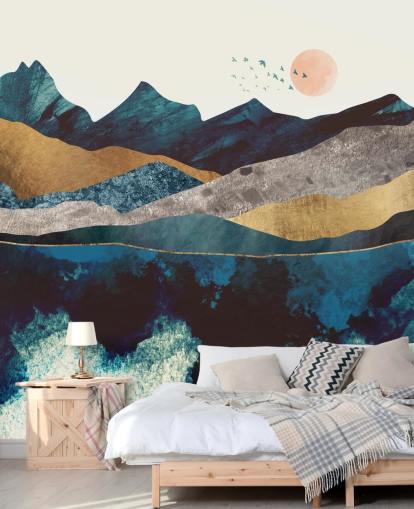 navy blue and gold texture-effect mountain view wallpaper