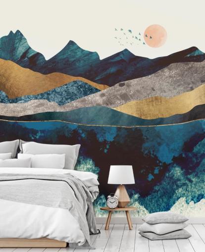 papel pintado con textura azul marino y dorado con vistas a la montaña