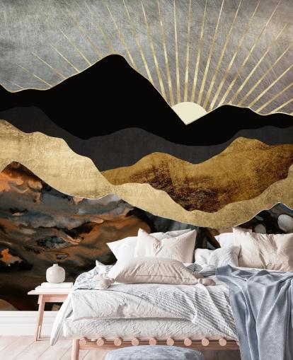 Carta da parati con paesaggio di montagna astratto grigio, oro e nero