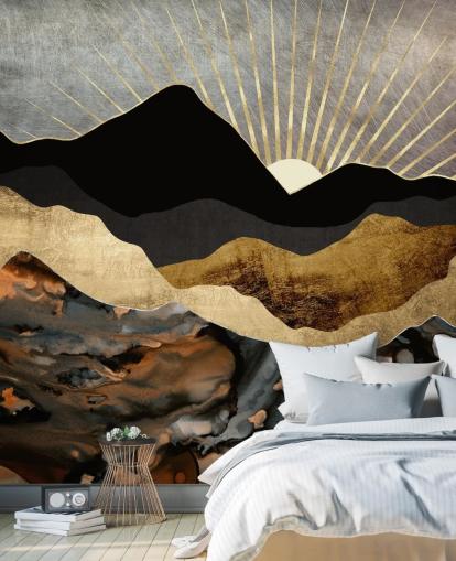 Papier peint abstrait gris, or et noir