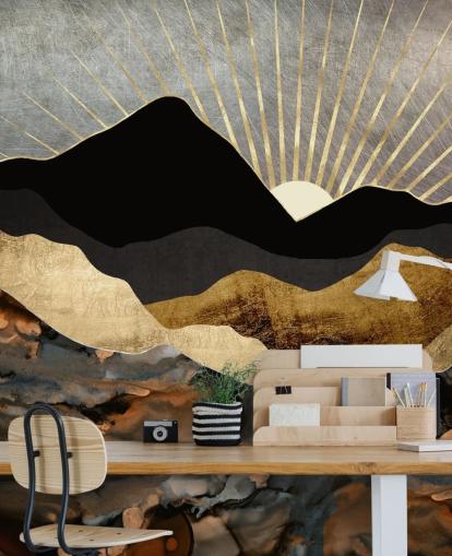 Grey, Gold and Black Abstract Mountain Landscape Wallpaper