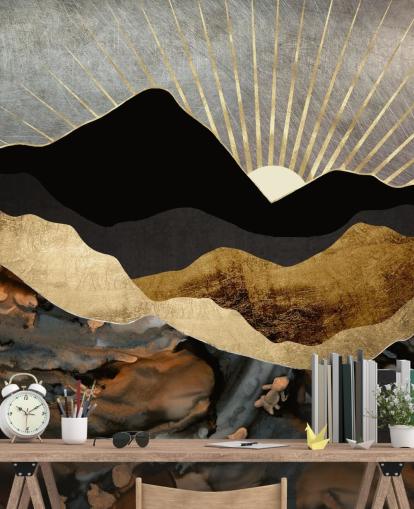 Grey, Gold and Black Abstract Mountain Landscape Wallpaper