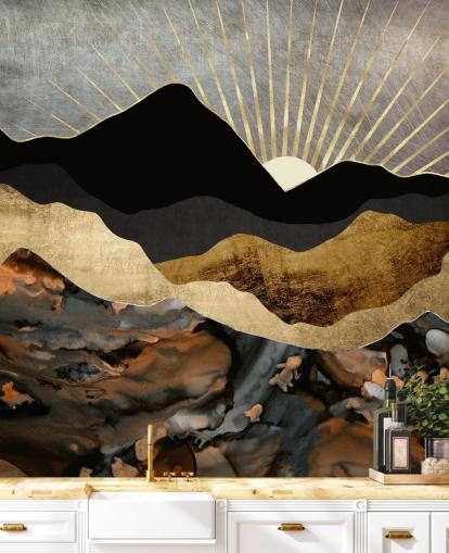 Papel de parede de paisagem de montanha abstrata cinza, dourado e preto