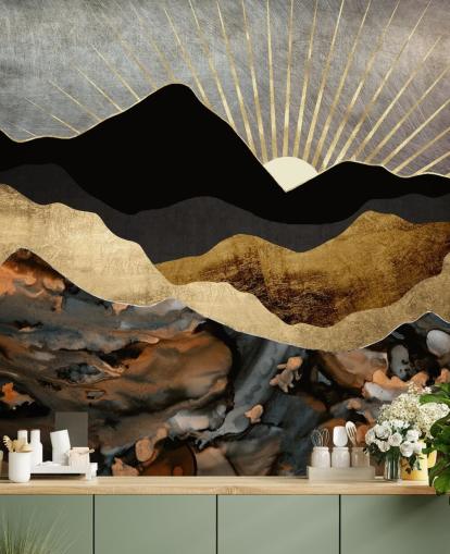 Papel de parede de paisagem de montanha abstrata cinza, dourado e preto