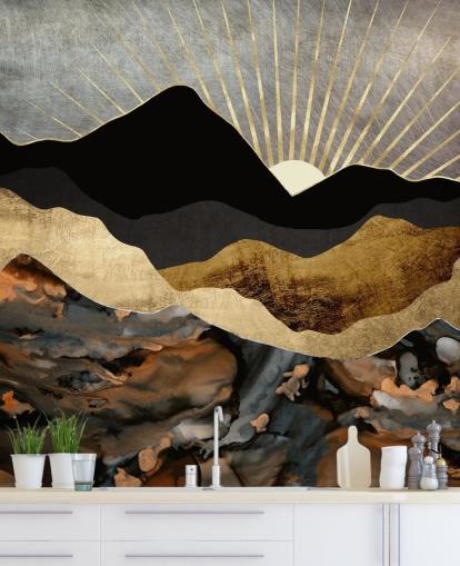 Carta da parati con paesaggio di montagna astratto grigio, oro e nero