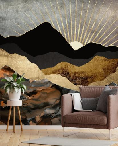 Grey, Gold and Black Abstract Mountain Landscape Wallpaper