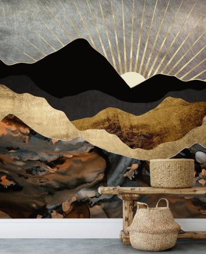 Grijs, goud en zwart abstract berglandschap behang