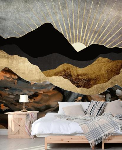 Grey, Gold and Black Abstract Mountain Landscape Wallpaper