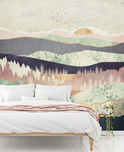 Lilla og Guld Effect Abstrakt Mountain og River Tapet