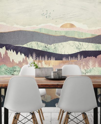 Paars en goud effect abstract berg- en rivierbehang