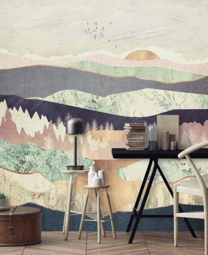 Paars en goud effect abstract berg- en rivierbehang