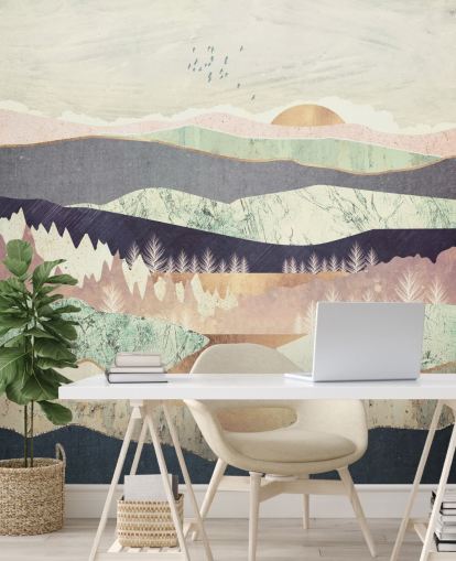 Carta da parati astratta con montagne e fiumi effetto viola e oro