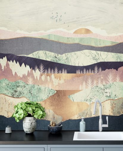 Purple and Gold Effect Abstract Mountain and River Wallpaper