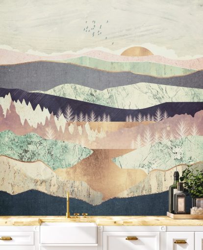 Paars en goud effect abstract berg- en rivierbehang