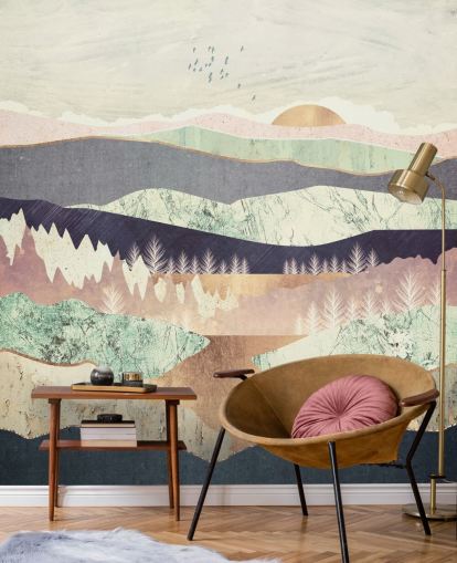 Paars en goud effect abstract berg- en rivierbehang Paars en goud effect abstract berg- en rivierbehang