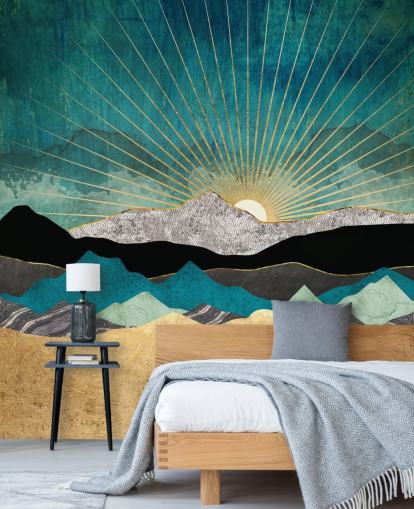 abstrakte Bergtapete in Gold und Blaugrün namens Peacock Vista von SpaceFrog Designs für Büros, Schlafzimmer und Badezimmer