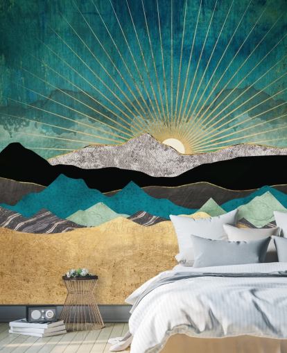 gold and teal abstract mountain wallpaper mural called Peacock Vista by SpaceFrog Designs for offices, bedrooms and bathrooms