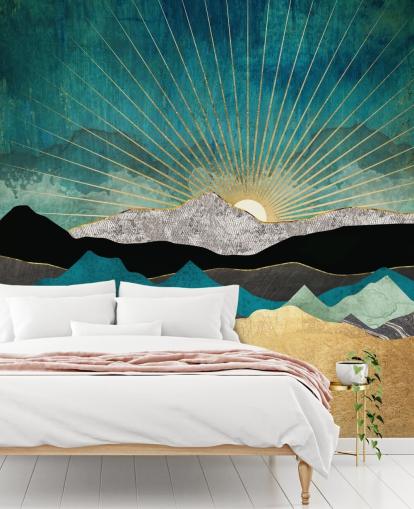 mural abstracto de montaña dorado y verde azulado llamado Peacock Vista de SpaceFrog Designs para oficinas, dormitorios y baños