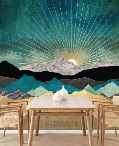 mural abstracto de montaña dorado y verde azulado llamado Peacock Vista de SpaceFrog Designs para oficinas, dormitorios y baños mural abstracto de montaña dorado y verde azulado llamado Peacock Vista de SpaceFrog Designs para oficinas, dormitorios y baños