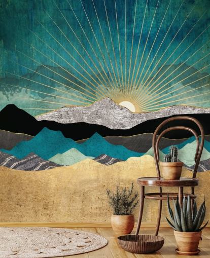 mural abstrato de papel de parede de montanha dourado e verde-azulado chamado Peacock Vista da SpaceFrog Designs para escritórios, quartos e banheiros mural abstrato de papel de parede de montanha dourado e verde-azulado chamado Peacock Vista da SpaceFrog Designs para escritórios, quartos e banheiros