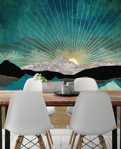 mural abstracto de montaña dorado y verde azulado llamado Peacock Vista de SpaceFrog Designs para oficinas, dormitorios y baños