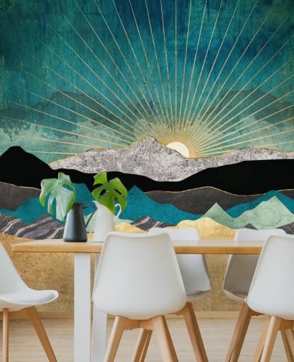 gold and teal abstract mountain wallpaper mural called Peacock Vista by SpaceFrog Designs for offices, bedrooms and bathrooms