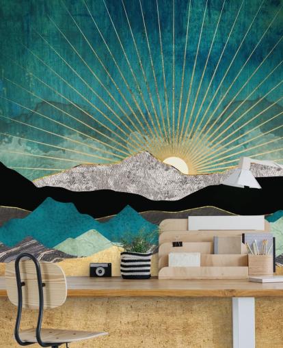 mural abstrato de papel de parede de montanha dourado e verde-azulado chamado Peacock Vista da SpaceFrog Designs para escritórios, quartos e banheiros