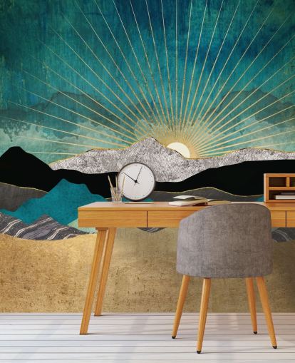 abstrakte Bergtapete in Gold und Blaugrün namens Peacock Vista von SpaceFrog Designs für Büros, Schlafzimmer und Badezimmer