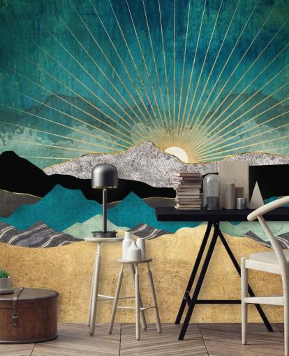 kultainen ja sinivihreä abstrakti vuoristotapettiseinämaalaus nimeltä Peacock Vista by SpaceFrog Designs toimistoihin, makuuhuoneisiin ja kylpyhuoneisiin