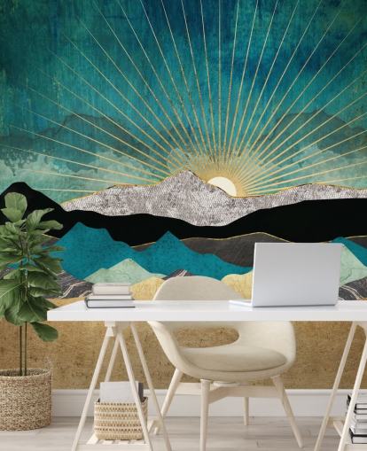 guld og blågrøn abstrakt bjergtapet vægmaleri kaldet Peacock Vista af SpaceFrog Design til kontorer, soveværelser og badeværelser