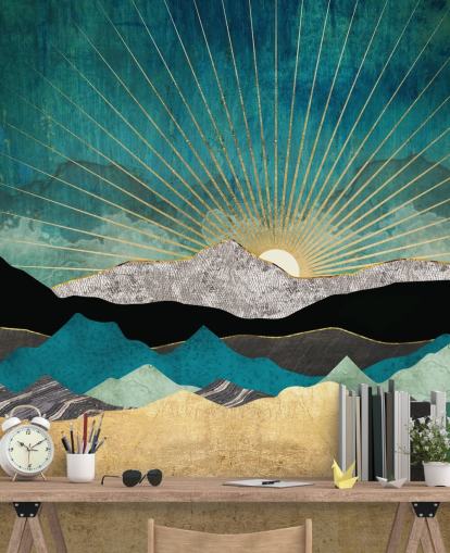 mural abstrato de papel de parede de montanha dourado e verde-azulado chamado Peacock Vista da SpaceFrog Designs para escritórios, quartos e banheiros mural abstrato de papel de parede de montanha dourado e verde-azulado chamado Peacock Vista da SpaceFrog Designs para escritórios, quartos e banheiros