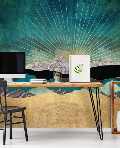 carta da parati murale astratta in oro e verde acqua chiamata Peacock Vista di SpaceFrog Designs per uffici, camere da letto e bagni carta da parati murale astratta in oro e verde acqua chiamata Peacock Vista di SpaceFrog Designs per uffici, camere da letto e bagni