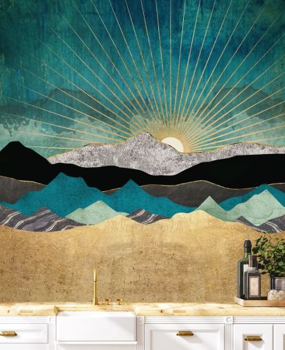 mural abstrato de papel de parede de montanha dourado e verde-azulado chamado Peacock Vista da SpaceFrog Designs para escritórios, quartos e banheiros