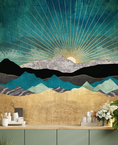 abstrakte Bergtapete in Gold und Blaugrün namens Peacock Vista von SpaceFrog Designs für Büros, Schlafzimmer und Badezimmer