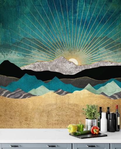 carta da parati murale astratta in oro e verde acqua chiamata Peacock Vista di SpaceFrog Designs per uffici, camere da letto e bagni